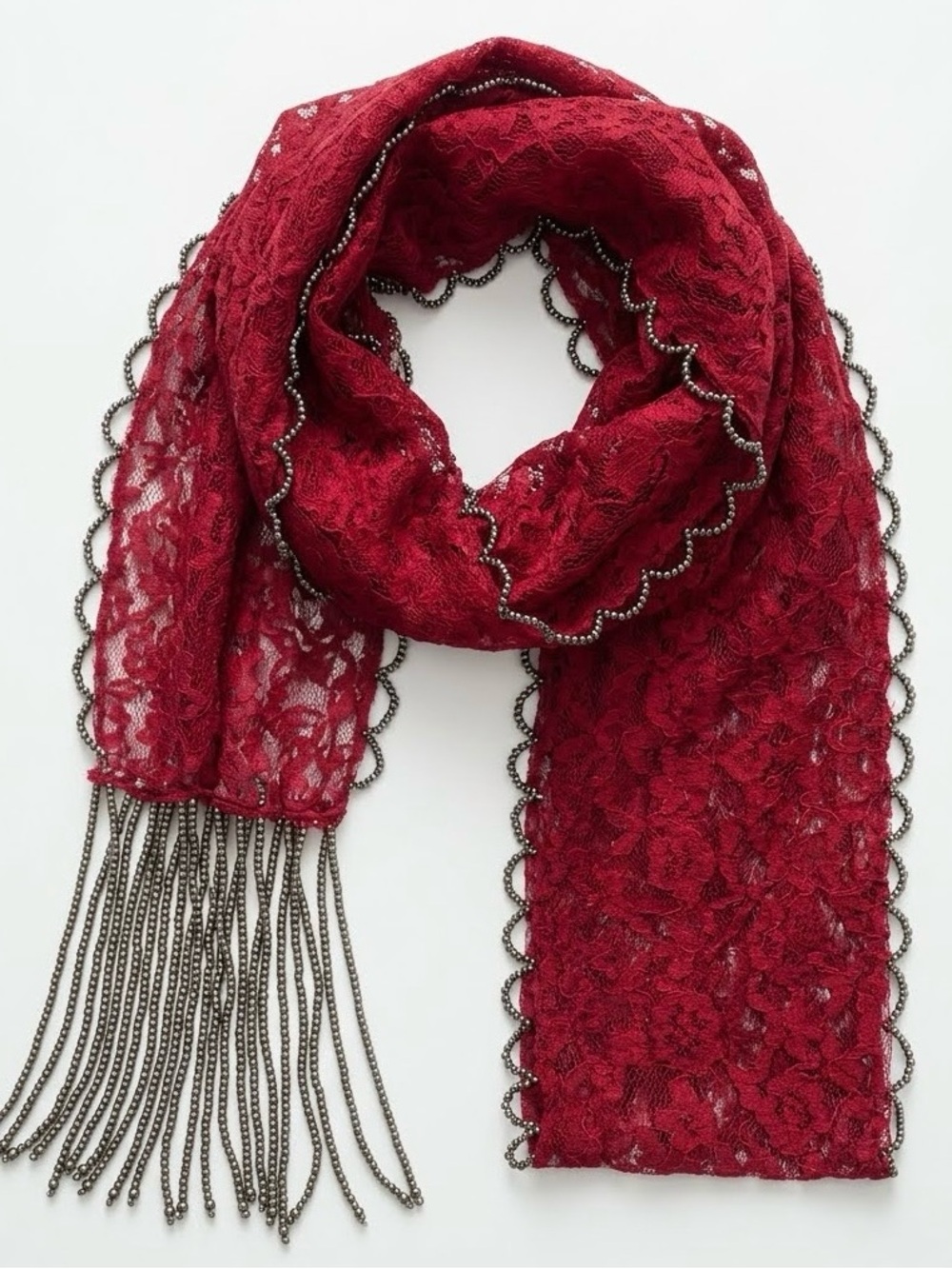 Elegant Red Lace Scarf with Beaded Fringe